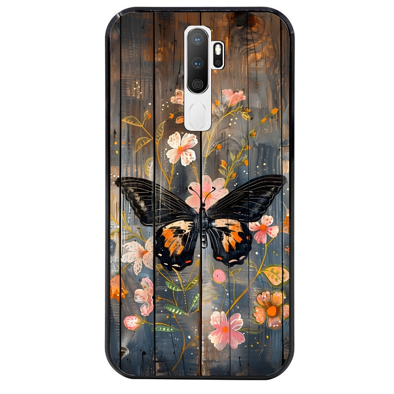 Coque noire taperso pour OPPO A5 A9 2020 avec motif bois et papillon 2 protection antichoc personnalisée