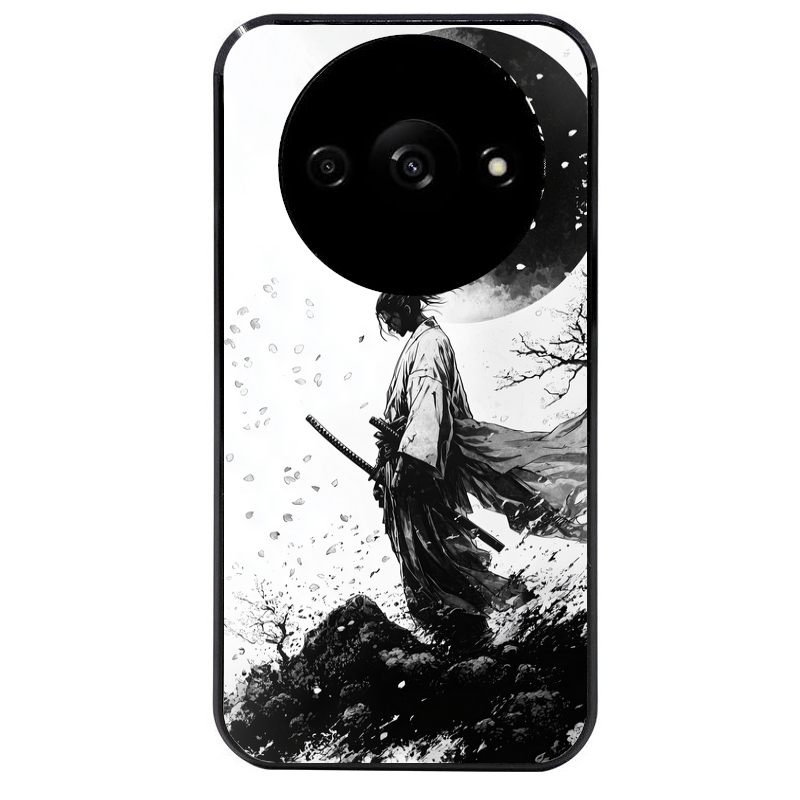 Coque noire taperso pour Redmi A3 avec motif samourai et lune protection antichoc personnalisée