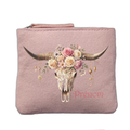 Porte monnaie personnalisé motif skull bull fleurs rose clair en feutrine en feutrine