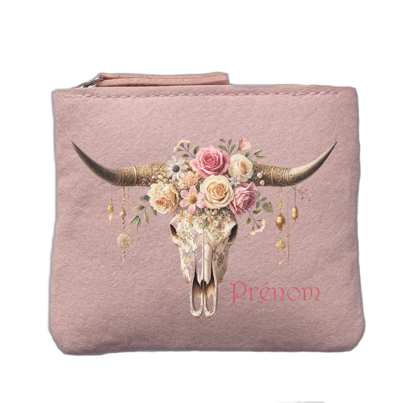 Porte monnaie personnalisé motif skull bull fleurs rose clair en feutrine en feutrine