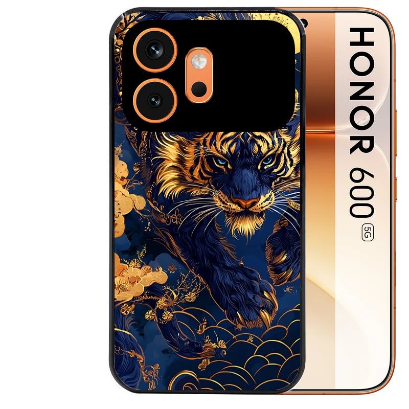 Coque noire taperso pour Honor 600 et 600 PRO avec motif tigre et fleur protection antichoc personnalisée