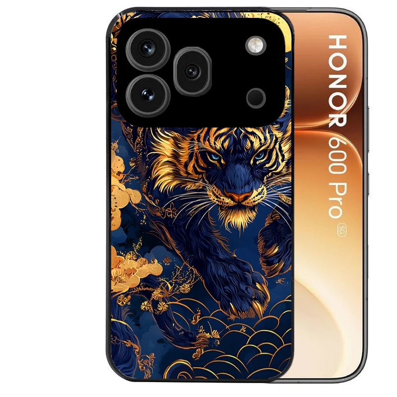 Coque noire taperso pour Honor 600 et 600 PRO avec motif tigre et fleur protection antichoc personnalisée