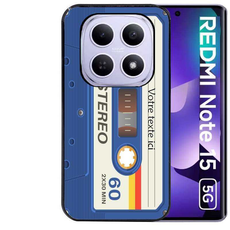 Coque noire taperso pour Redmi Note 15 et PRO PLUS 4G 5G personnalisable avec motif cassette bleu protection antichoc personnalisée
