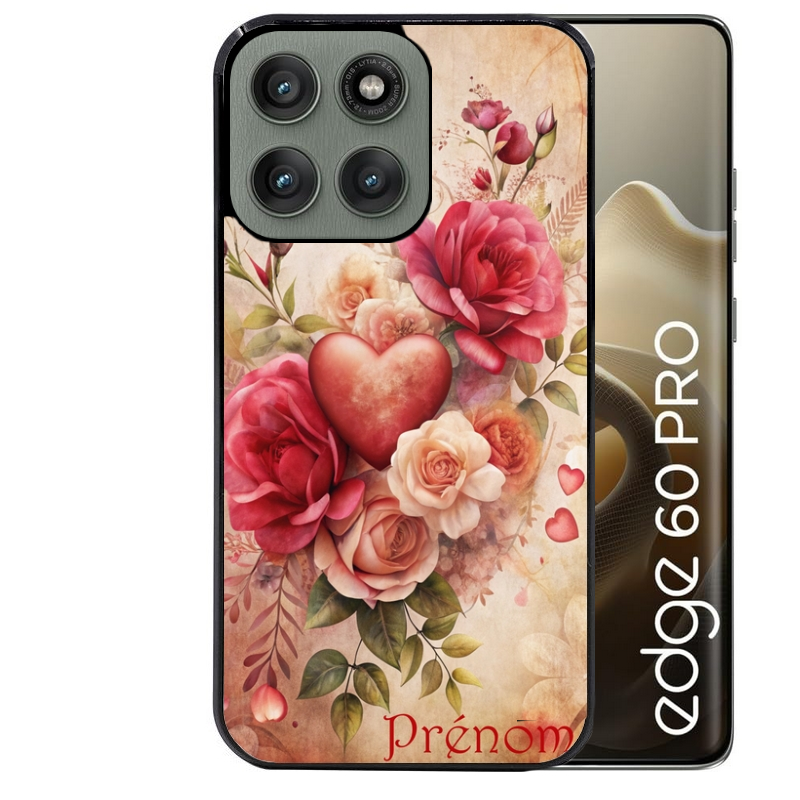 Coque noire taperso pour Moto Edge 60 et Neo Fusion Pro avec motif coeur et fleur personnalisee protection antichoc personnalisée