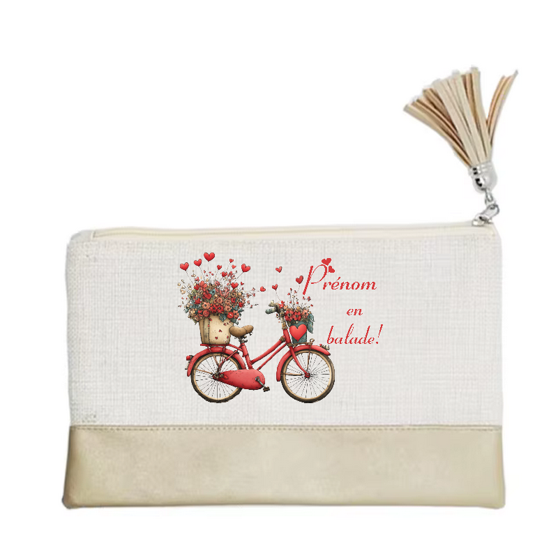 Pochette personnalisée motif en balade et fleurs en toile et simili cuir personnalisée
