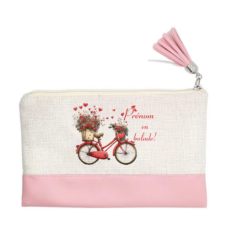 Pochette personnalisée motif en balade et fleurs en toile et simili cuir personnalisée