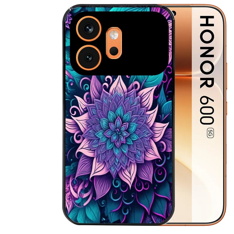 Coque noire taperso pour Honor 600 et 600 PRO avec motif tropical mandala et fleur violet protection antichoc personnalisée