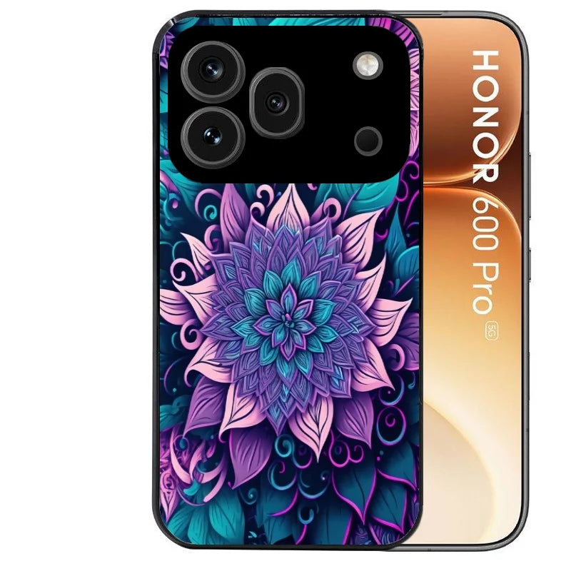 Coque noire taperso pour Honor 600 et 600 PRO avec motif tropical mandala et fleur violet protection antichoc personnalisée