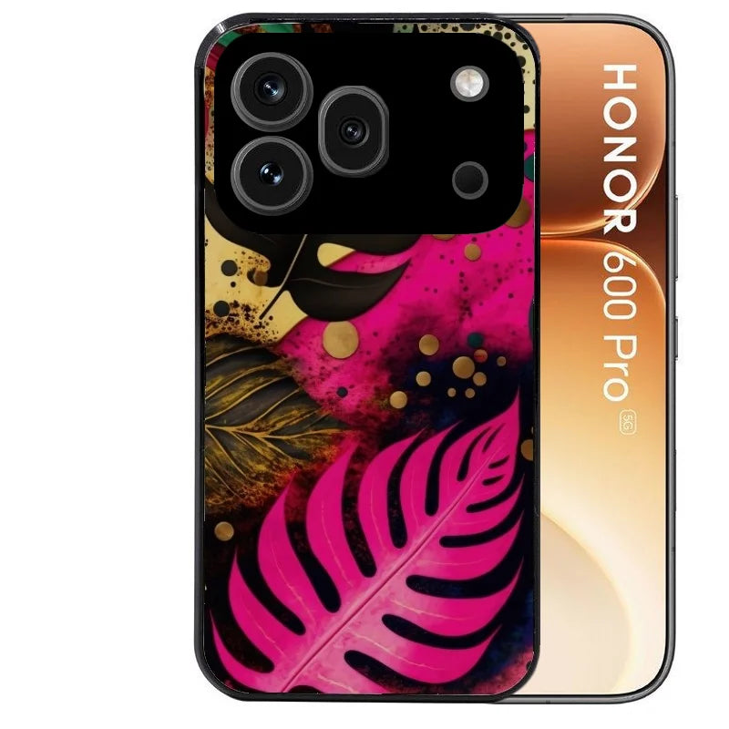 Coque noire taperso pour Honor 600 et 600 PRO avec motif tropical rose et des fleurs protection antichoc personnalisée