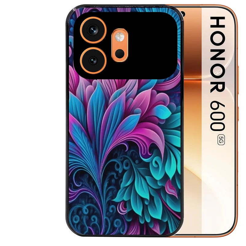 Coque noire taperso pour Honor 600 et 600 PRO avec motif tropical violet et des fleurs protection antichoc personnalisée