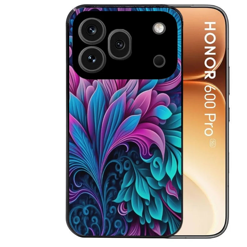 Coque noire taperso pour Honor 600 et 600 PRO avec motif tropical violet et des fleurs protection antichoc personnalisée