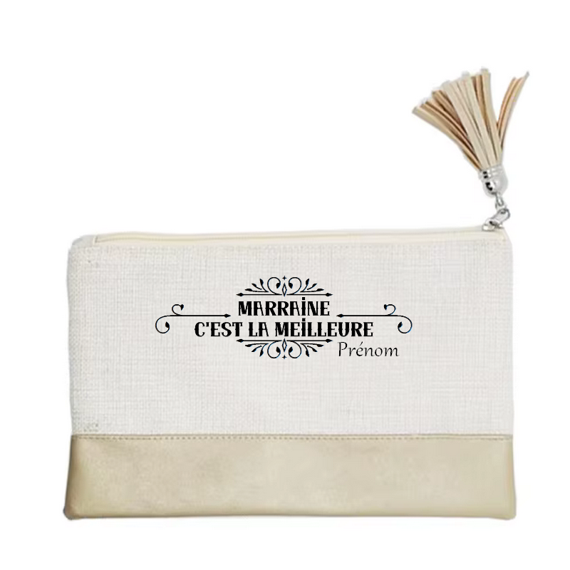 Pochette personnalisée motif marraine meilleure en toile et simili cuir personnalisée