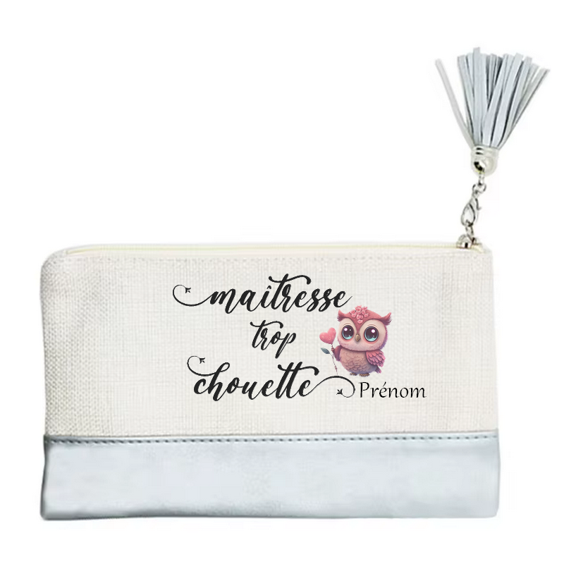 Pochette personnalisée motif maitresse chouette en toile et simili cuir personnalisée
