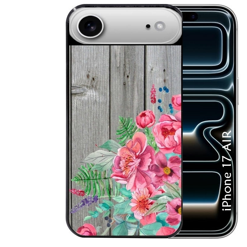 Coque noire taperso pour Iphone 17 17E AIR MAX PRO avec motif bois gris et fleur rose protection antichoc personnalisée