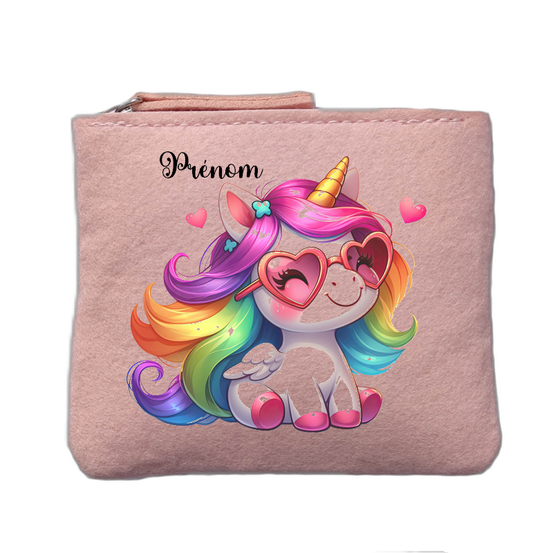 Porte monnaie personnalisé motif licorne coeur rose clair en feutrine en feutrine