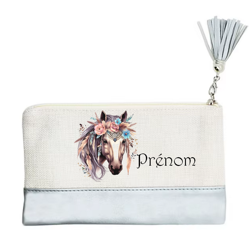 Pochette personnalisée motif cheval boho en toile et simili cuir personnalisée