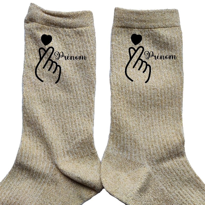 Chaussettes personnalisées paillettes doré motif coeur anime