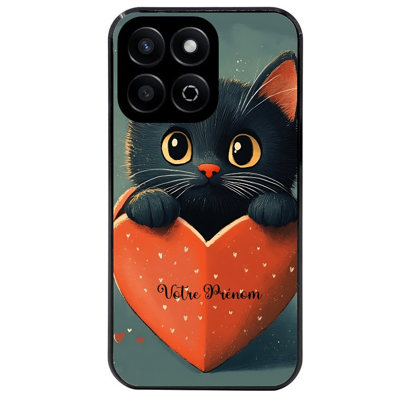 Coque noire taperso pour Honor 70 LITE 90 et LITE avec motif chat et coeur avec prenom protection antichoc personnalisée