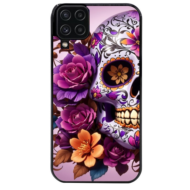 Coque noire taperso pour galaxy A22 A32 A52 A52S 4G 5G  avec motif tete de mort calavera violette protection antichoc personnalisée