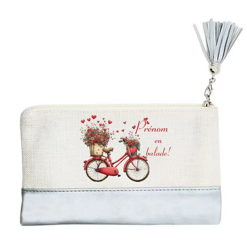 Pochette personnalisée motif en balade et fleurs en toile et simili cuir personnalisée