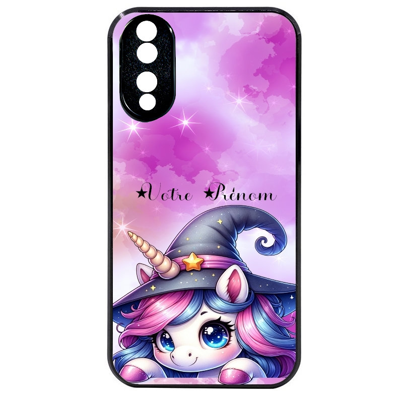 Coque noire taperso pour Honor 70 LITE 90 et LITE avec motif licorne magic avec prenom protection antichoc personnalisée