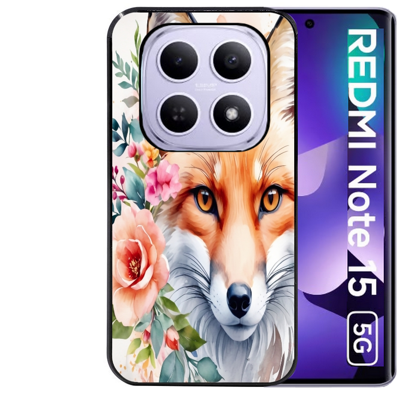 Coque noire taperso pour Redmi Note 15 et PRO PLUS 4G 5G avec motif renard fox et fleurs protection antichoc personnalisée