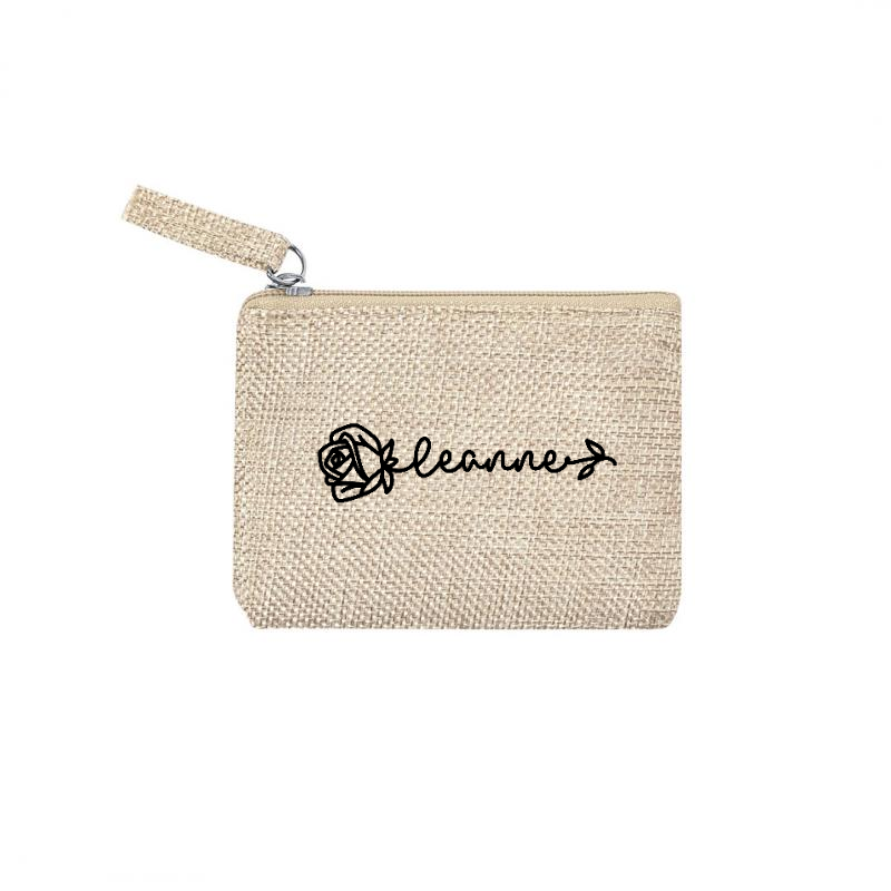 Pochette personnalisée prénom floral en jute et doré en jute et doré