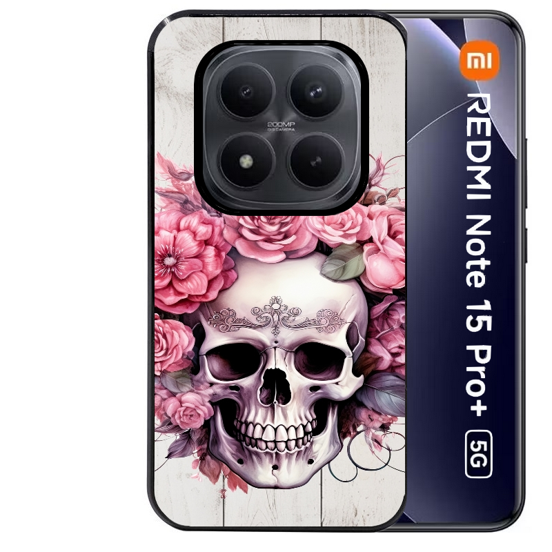 Coque noire taperso pour Redmi Note 15 et PRO PLUS 4G 5G avec motif tete de mort floral protection antichoc personnalisée