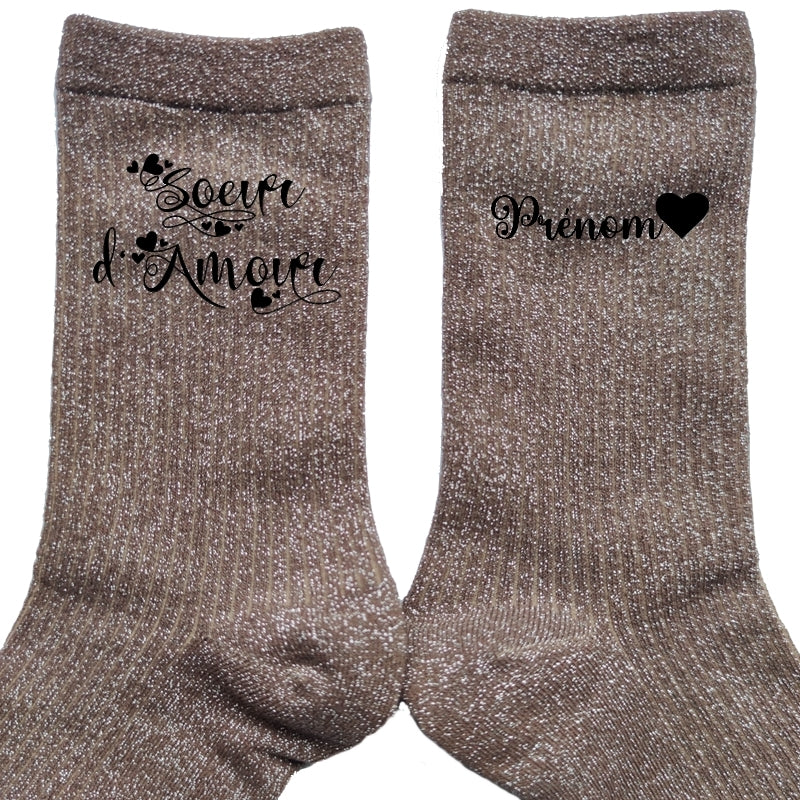 Chaussettes personnalisée paillettes bronze motif soeur d'amour