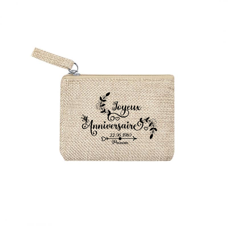 Pochette personnsalisée joyeux anniversaire  en jute et doré en jute et doré