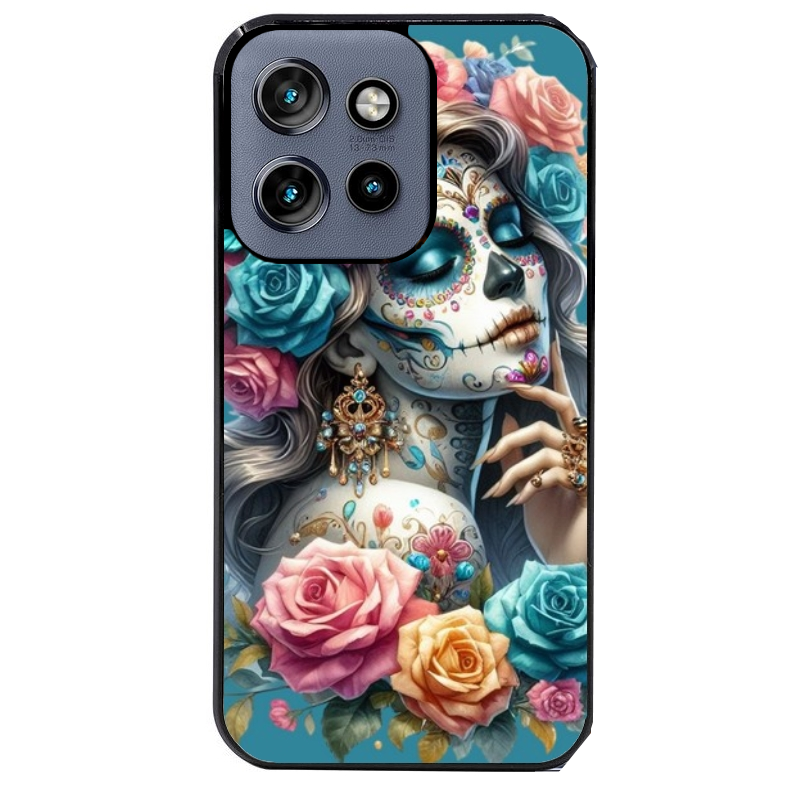 Coque noire taperso pour Moto Edge 60 et Neo Fusion Pro avec motif tete de mort calavera bleu protection antichoc personnalisée