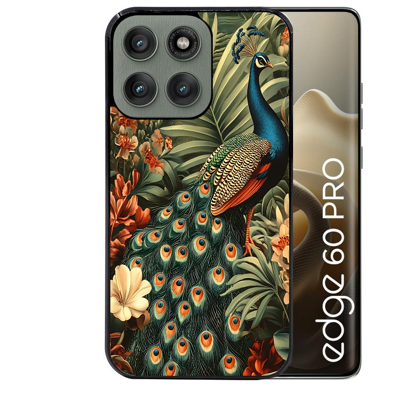 Coque noire taperso pour Moto Edge 60 et Neo Fusion Pro avec motif paon tropical protection antichoc personnalisée