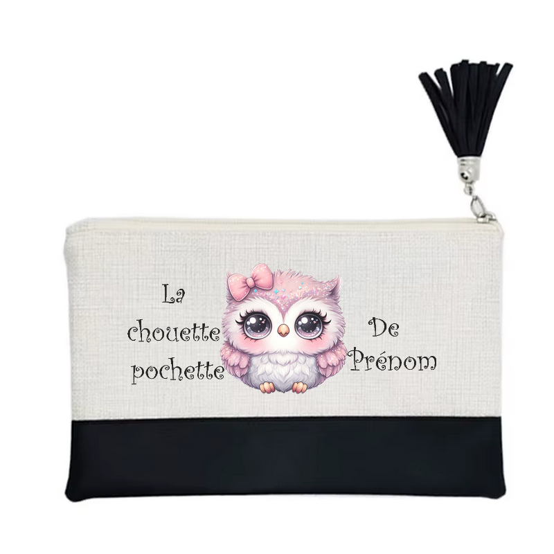 Pochette personnalisée motif chouette chibi en toile et simili cuir personnalisée