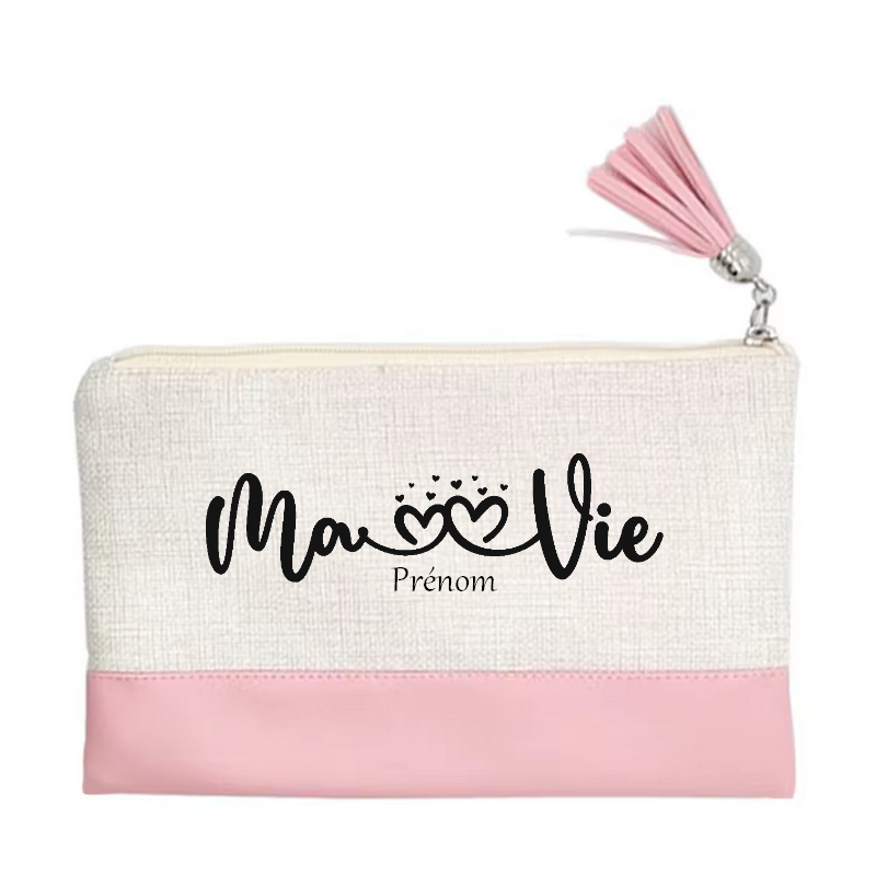 Pochette personnalisée motif ma vie en toile et simili cuir personnalisée