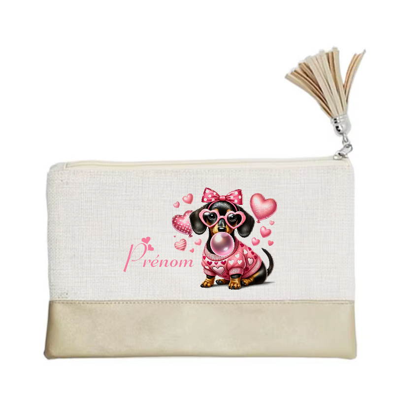 Pochette personnalisée motif chien bubble en toile et simili cuir personnalisée