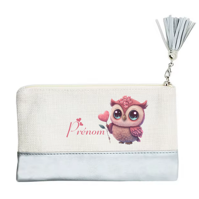 Pochette personnalisée motif chouette cœur en toile et simili cuir personnalisée
