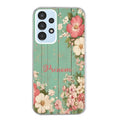 Coque taperso pour Galaxy A13 4G et 5G A23 A53 avec motif bois et fleur avec votre prenom protection antichoc personnalisée