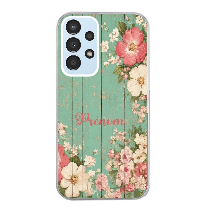 Coque taperso pour Galaxy A13 4G et 5G A23 A53 avec motif bois et fleur avec votre prenom protection antichoc personnalisée