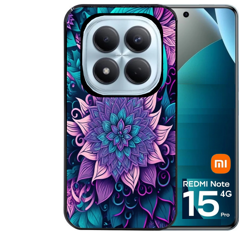 Coque noire taperso pour Redmi Note 15 et PRO PLUS 4G 5G avec motif tropical mandala et fleur violet protection antichoc personnalisée