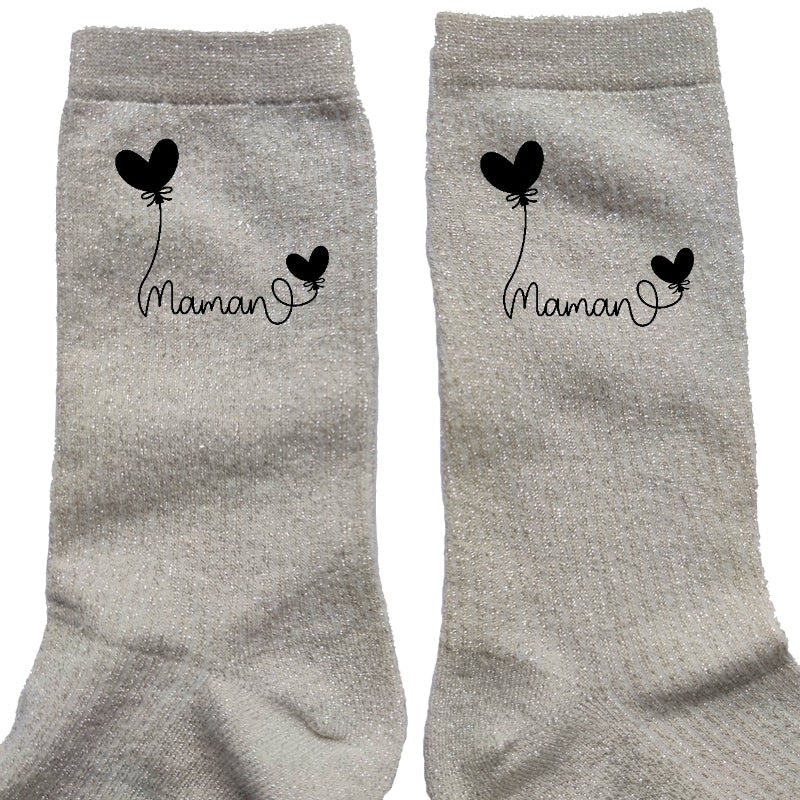 Chaussettes paillettes crème motif maman coeur