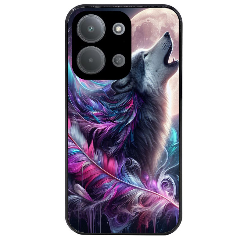 Coque noire taperso pour POCO C85 avec motif loup et plume protection antichoc personnalisée