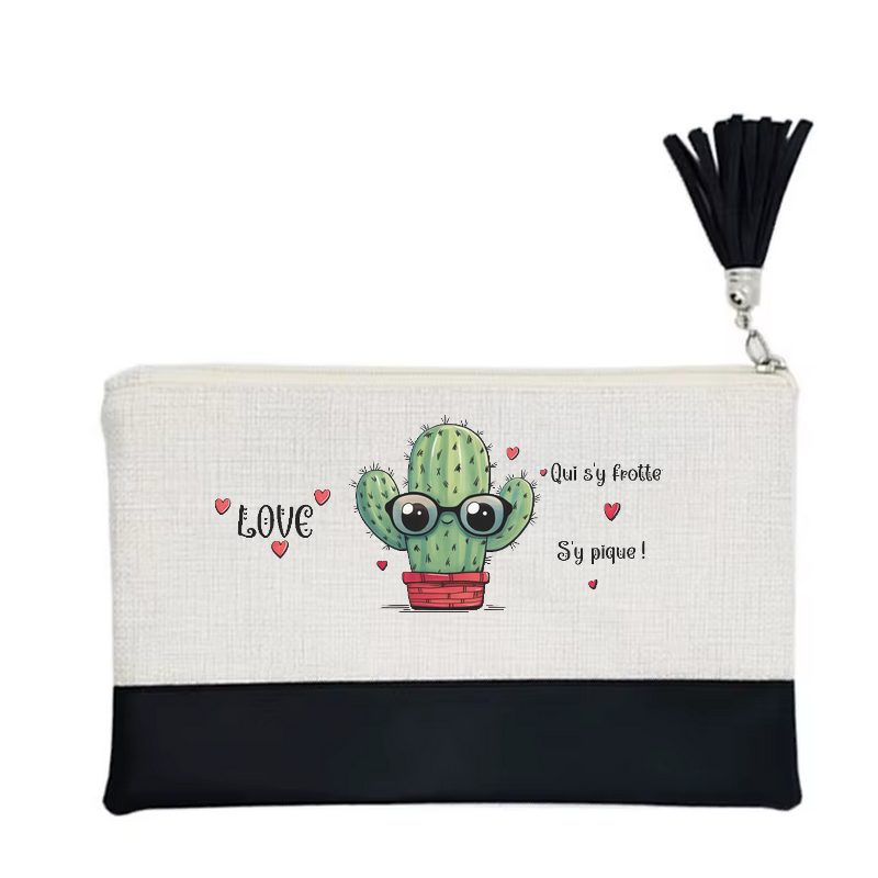 Pochette motif cactus love en toile et simili cuir