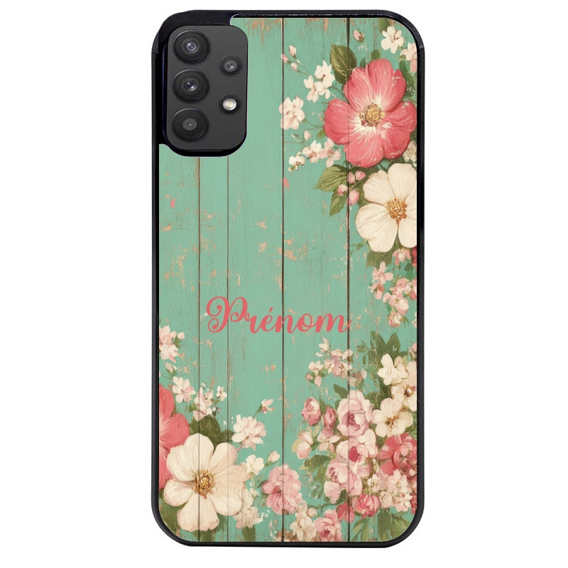 Coque noire taperso pour galaxy A22 A32 A52 A52S 4G 5G  avec motif bois et fleur avec votre prenom protection antichoc personnalisée