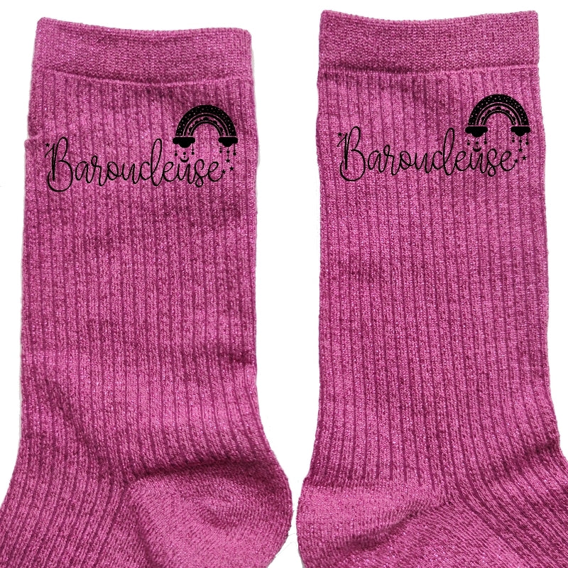 Chaussettes paillettes rose motif baroudeuse
