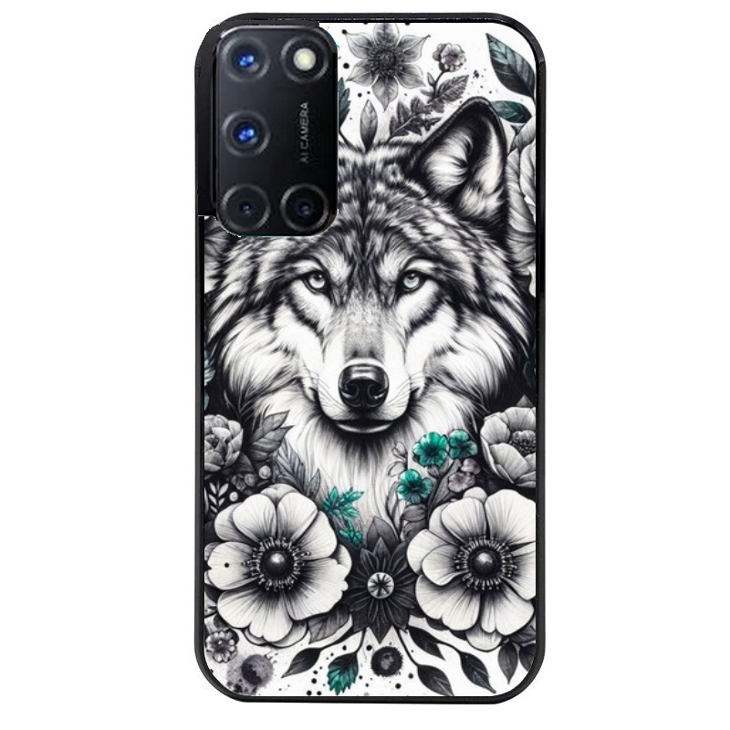 Coque noire taperso pour OPPO Reno 8 LITE avec motif loup et fleur protection antichoc personnalisée