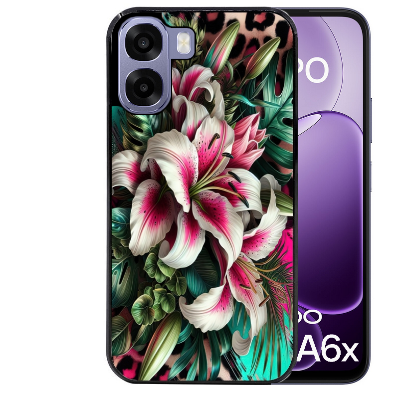 Coque noire taperso pour OPPO A6 A6X 4G et 5G avec motif leopard hibiscus protection antichoc personnalisée
