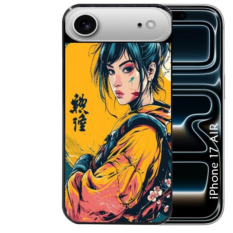 Coque noire taperso pour Iphone 17 17E AIR MAX PRO avec motif samourai girl anime protection antichoc personnalisée