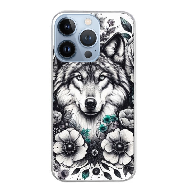 Coque taperso pour Iphone 13 et PRO MINI PRO MAX avec motif loup et fleur protection antichoc personnalisée