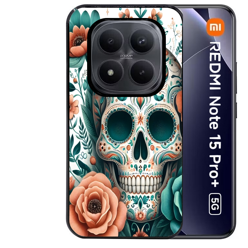 Coque noire taperso pour Redmi Note 15 et PRO PLUS 4G 5G avec motif mort mexicaine turquoise protection antichoc personnalisée
