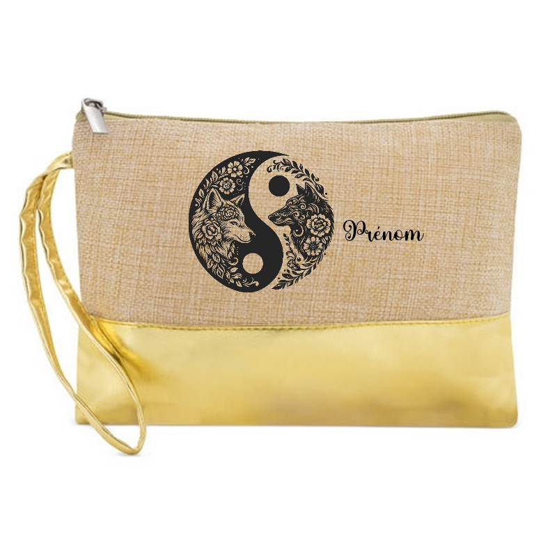 Pochette personnalisée loup yin yang en jute et doré en jute et doré